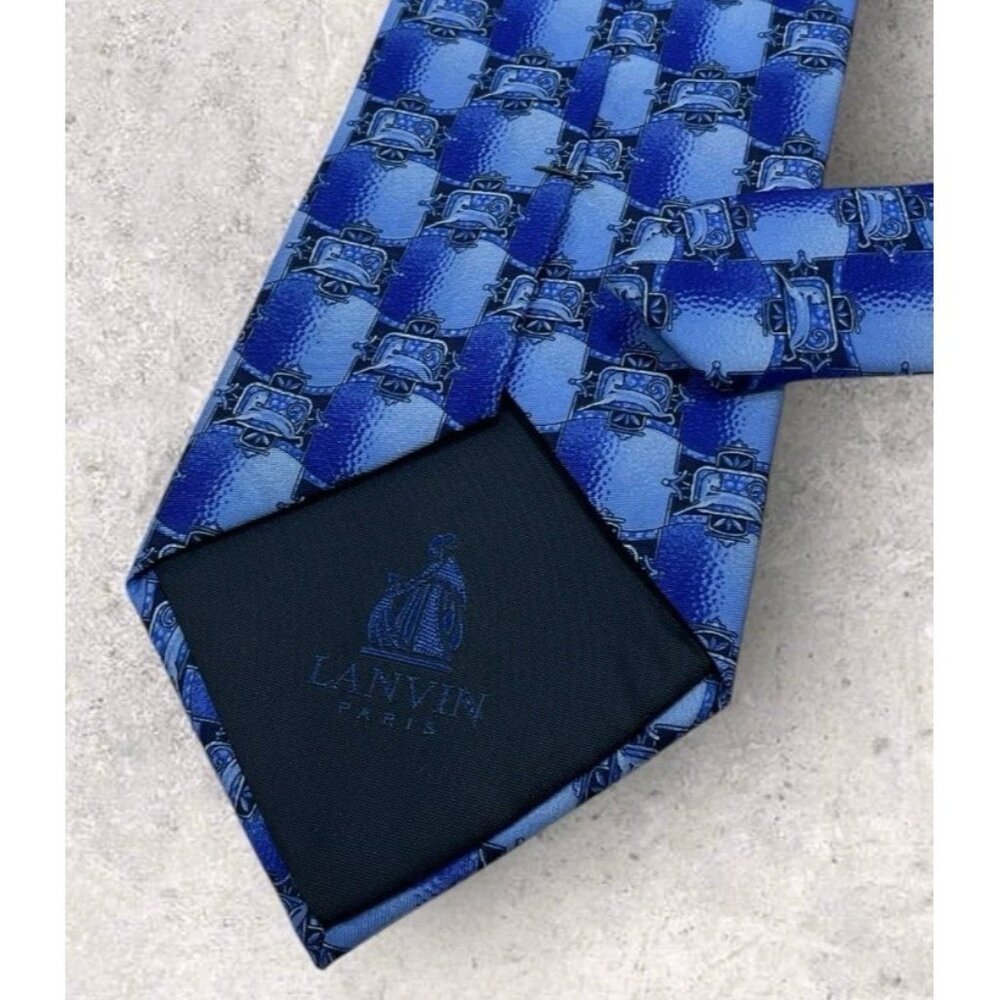 LANVIN Silk Tie FRANCE Navy Blue Geometric W:4" - Picture 3 of 4